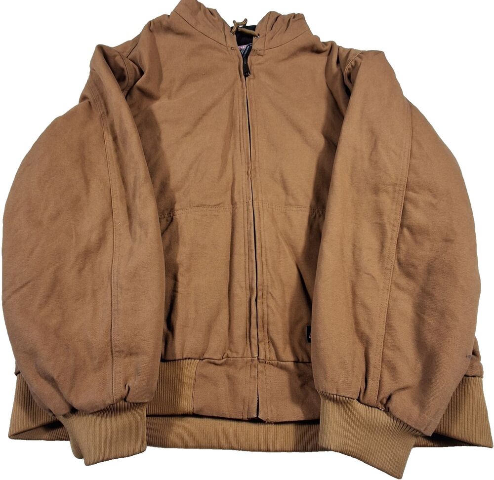 Dickies Men's Hooded Duck Canvas Work Jacket Brown Full Zip 2XL Heavy Duty